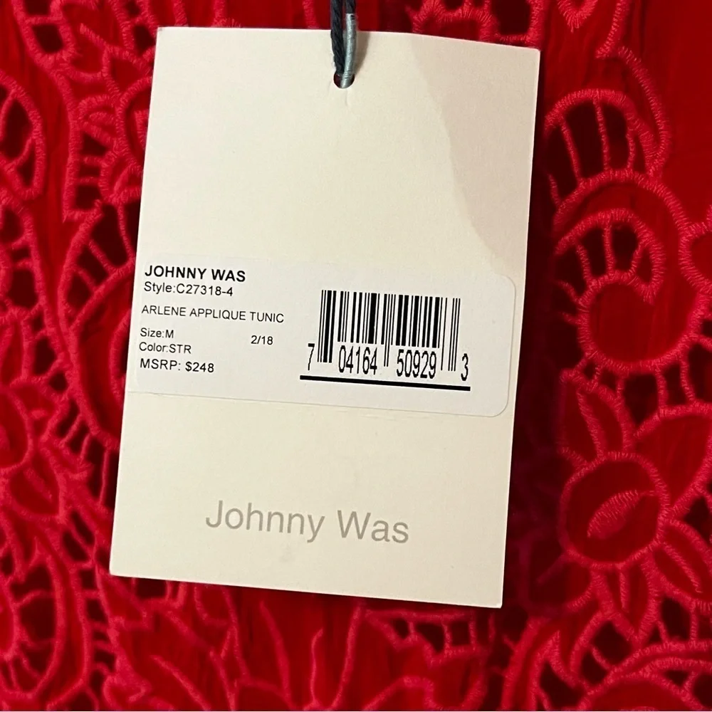NWT Johnny Was Arlene appliqué Red Lace Tunic top with scoop neck 3/4 sleeves
